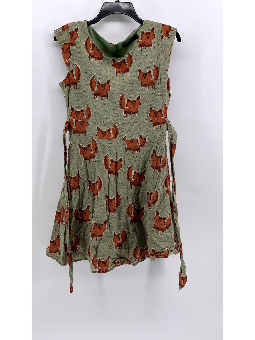 SM WARDROBE Women's Green Fox Print Sleeveless Tie-Back Mini Dress SZ S
